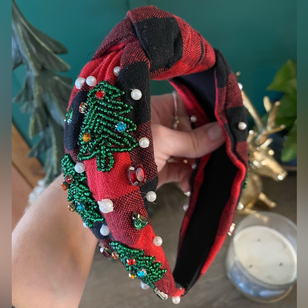 Source Unknown Red and Black Plaid Beaded Headband